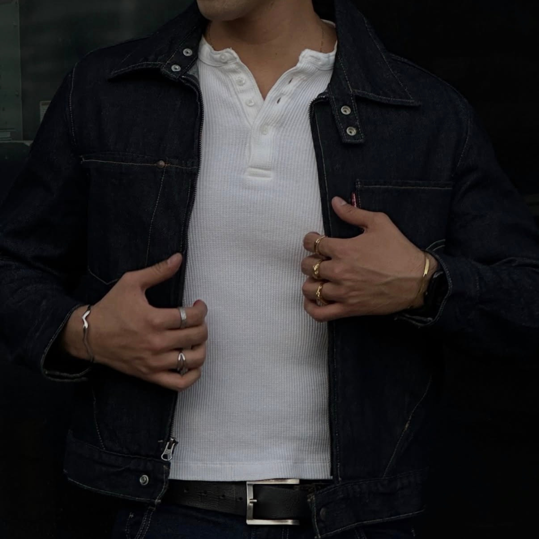 jean vest jacket with monateo jewelry