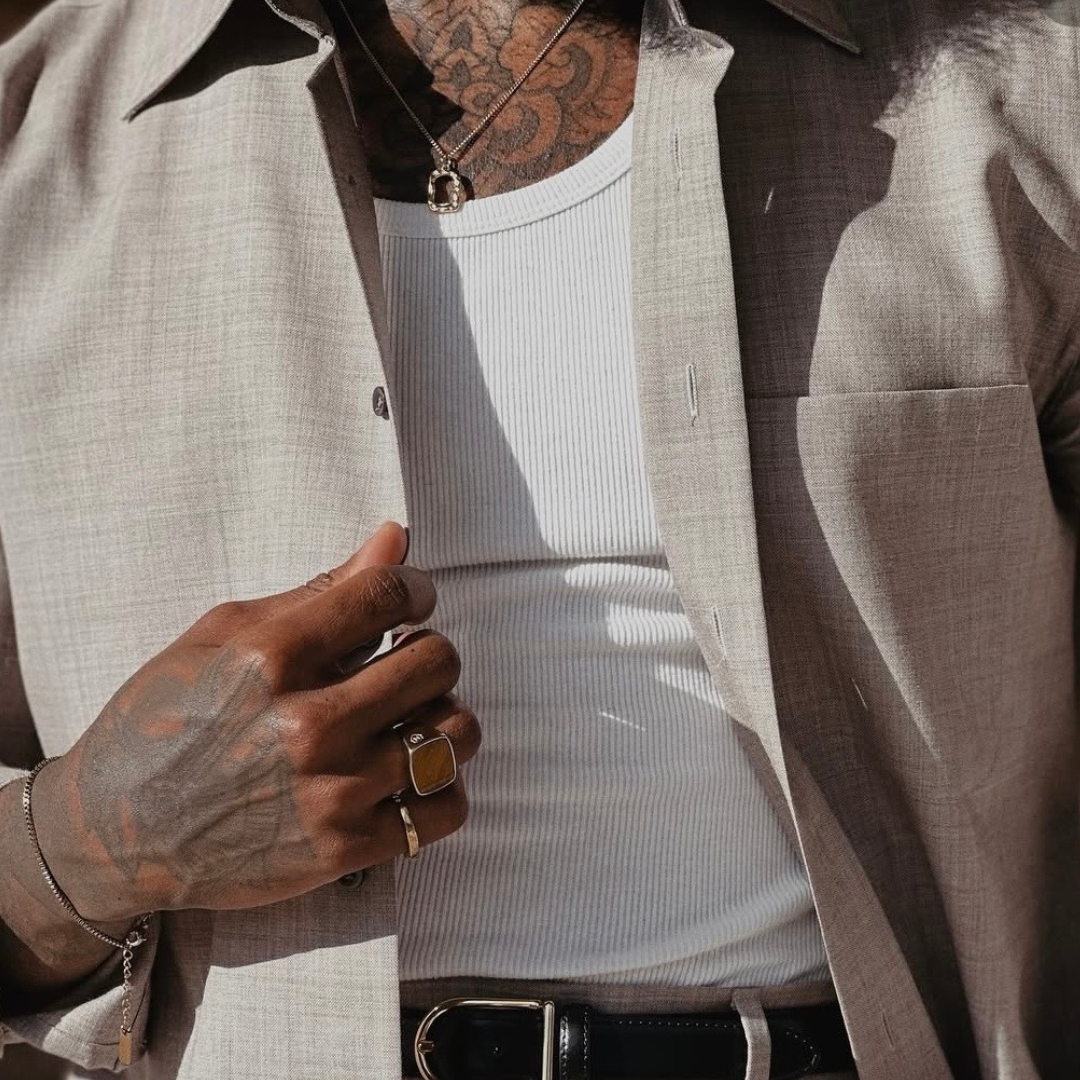 man outfit with monateo jewelry